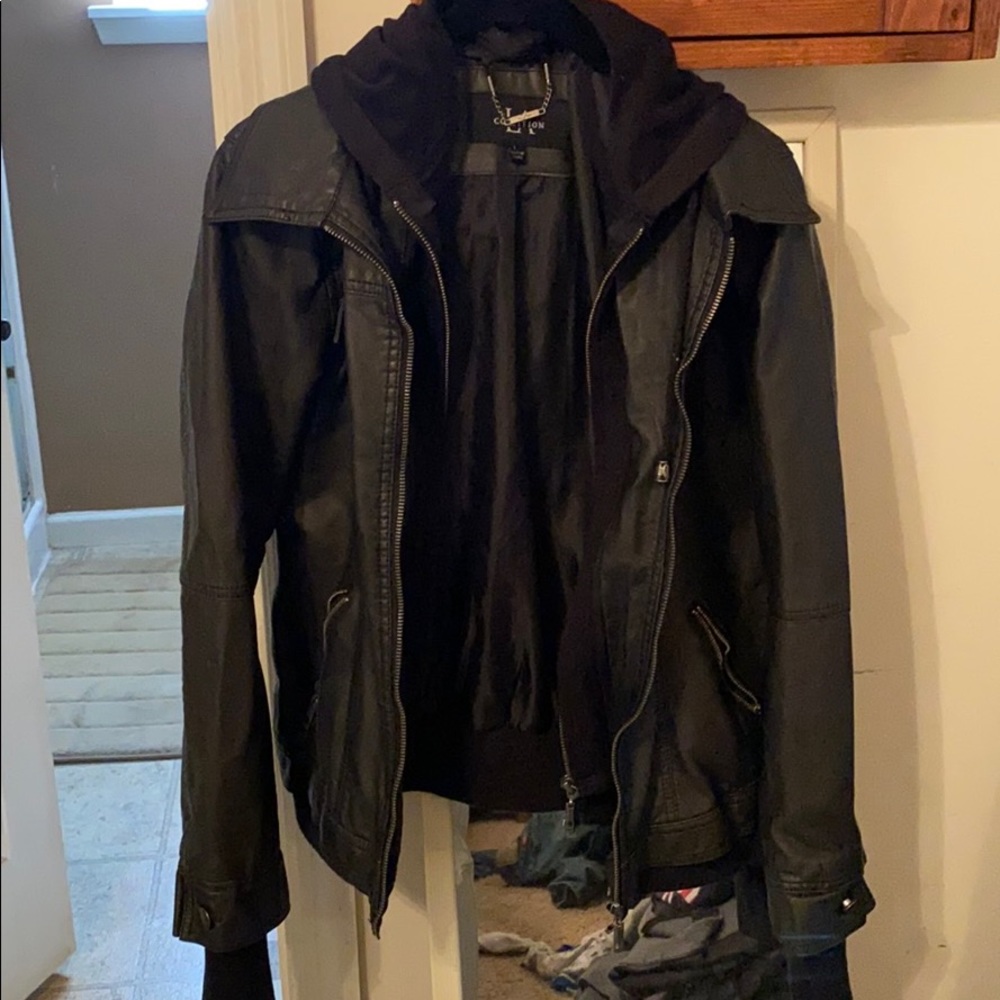 Faux leather, hooded jacket
